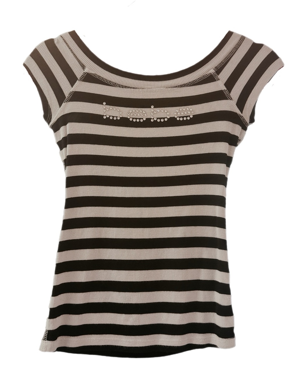 BEBE Black & Grey striped off the shoulder top with rhinestone bling, Size M